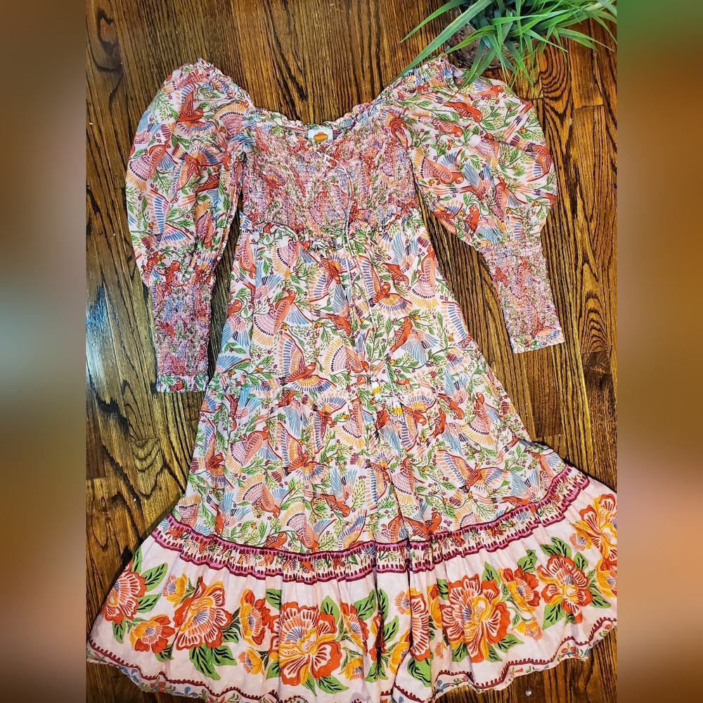 Farm Río Anthropologie Maxi Dress Macaw Flight Smocked Top Pink Midium - Picture 9 of 16